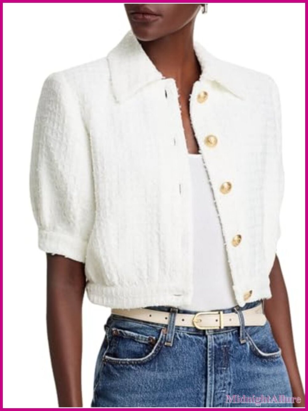 Cropped Tweed Blazer Women Puff Short Sleeve Business Casual Jacket